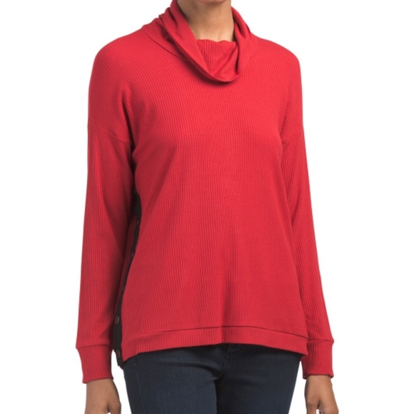 MATTY M Ribbed Cowl Neck Snap Side Sweater Top Red - Picture 1 of 4